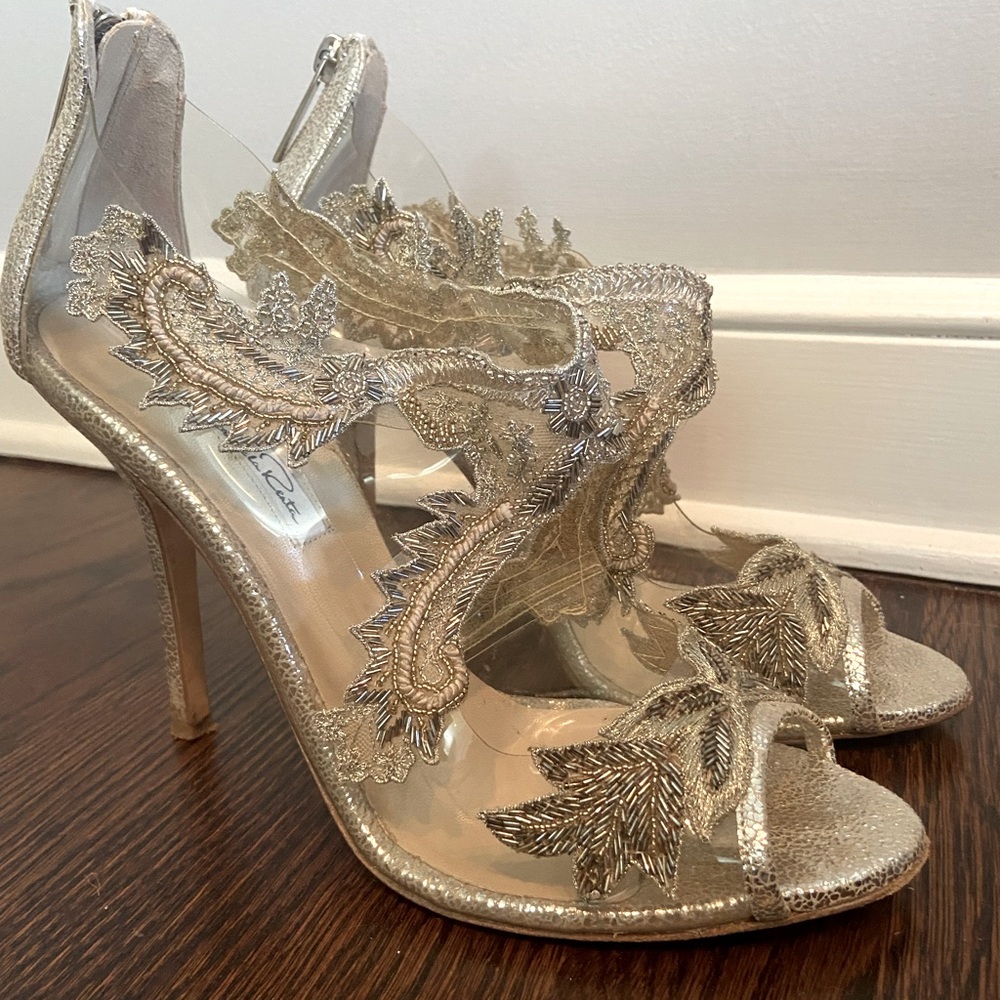 Authentic Oscar de la Renta Beaded Gold Silver Heels Size 40 Wedding Bridal